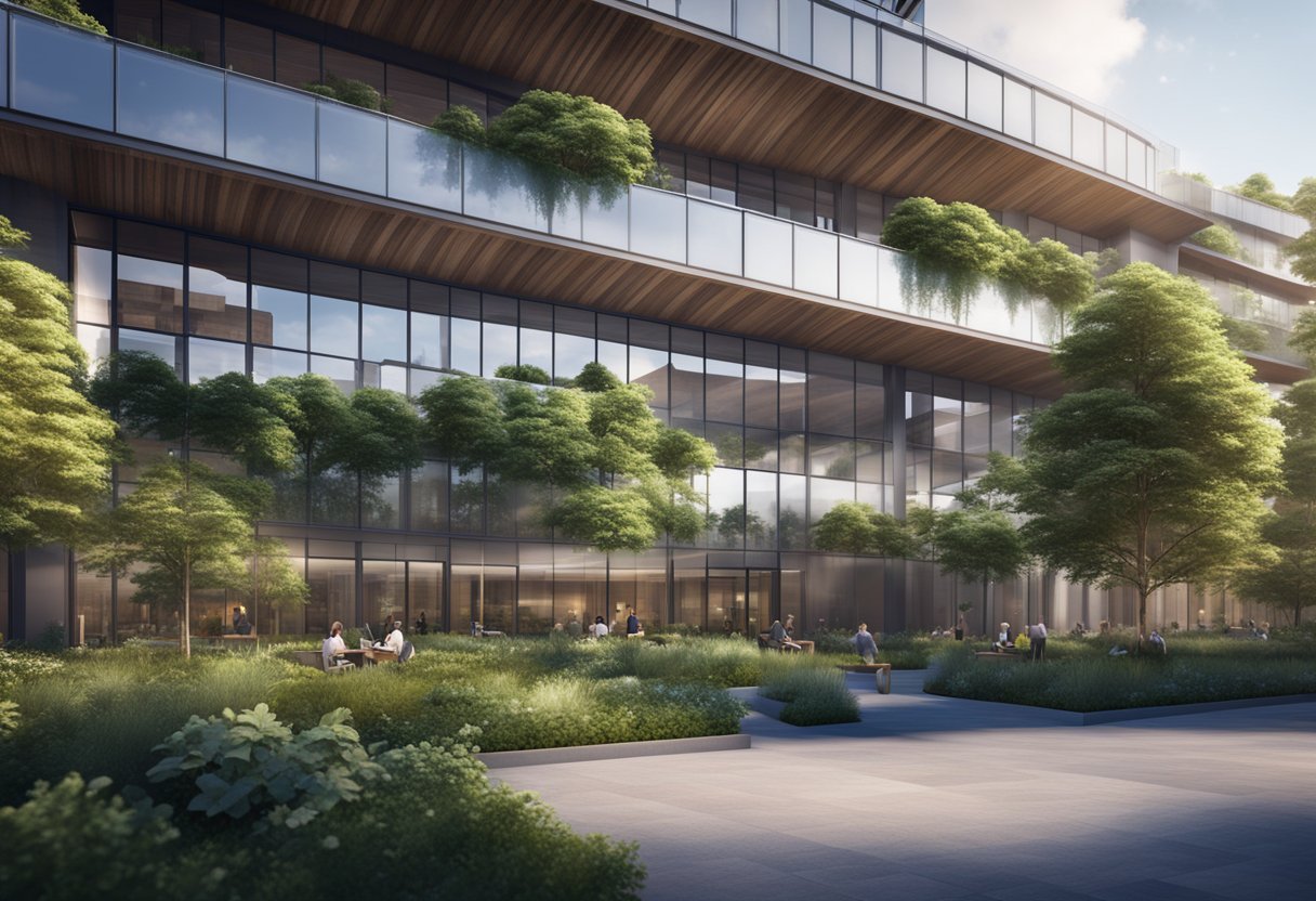 An office building with solar panels and wind turbines, surrounded by lush landscaping and efficient lighting