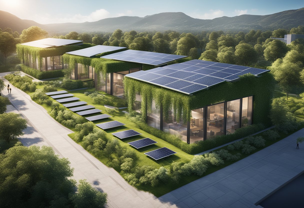 A modern green building with solar panels, wind turbines, and efficient insulation, surrounded by lush landscaping and energy-efficient lighting