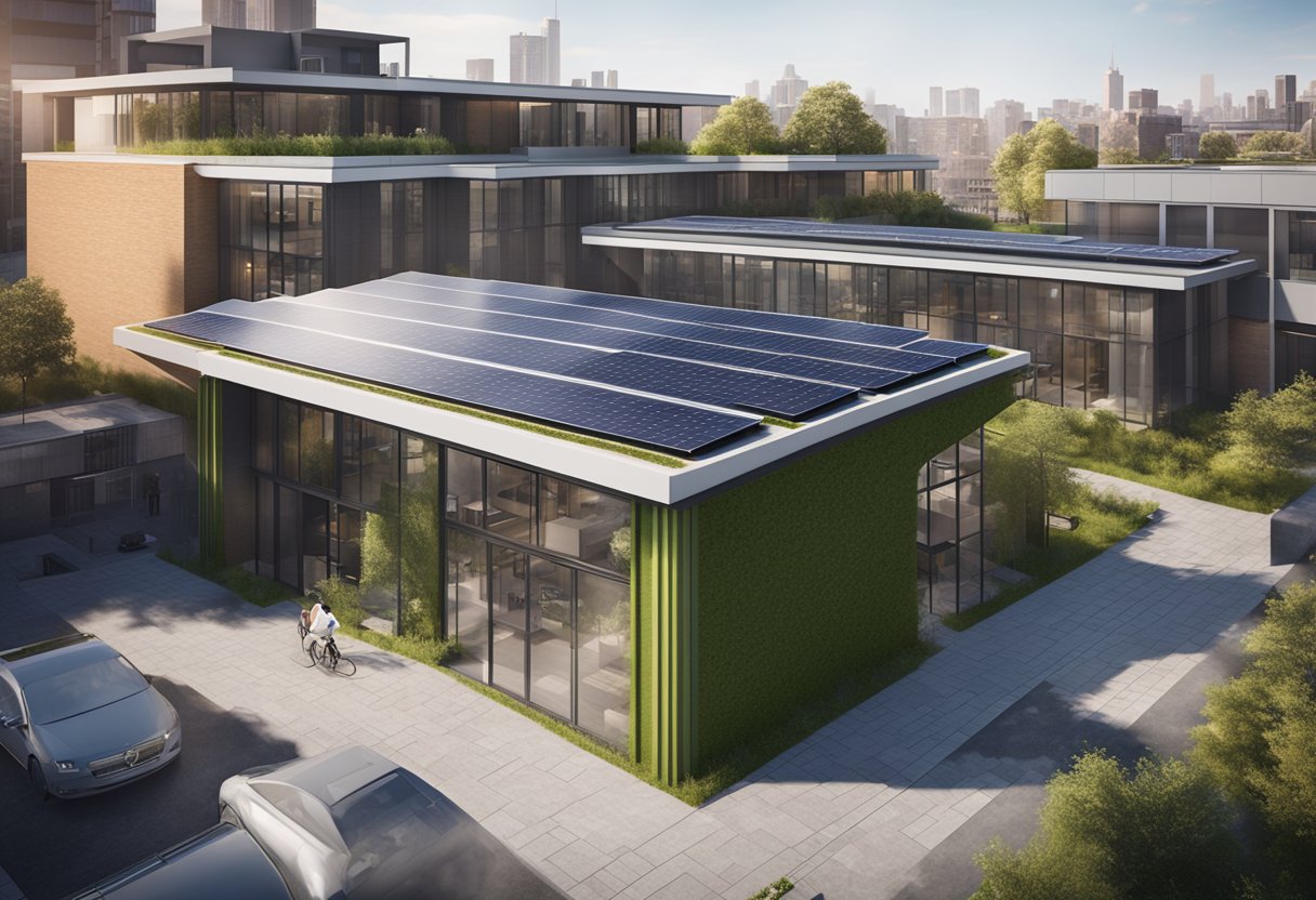 An urban building with solar panels, green roof, and bike racks next to a non-certified building