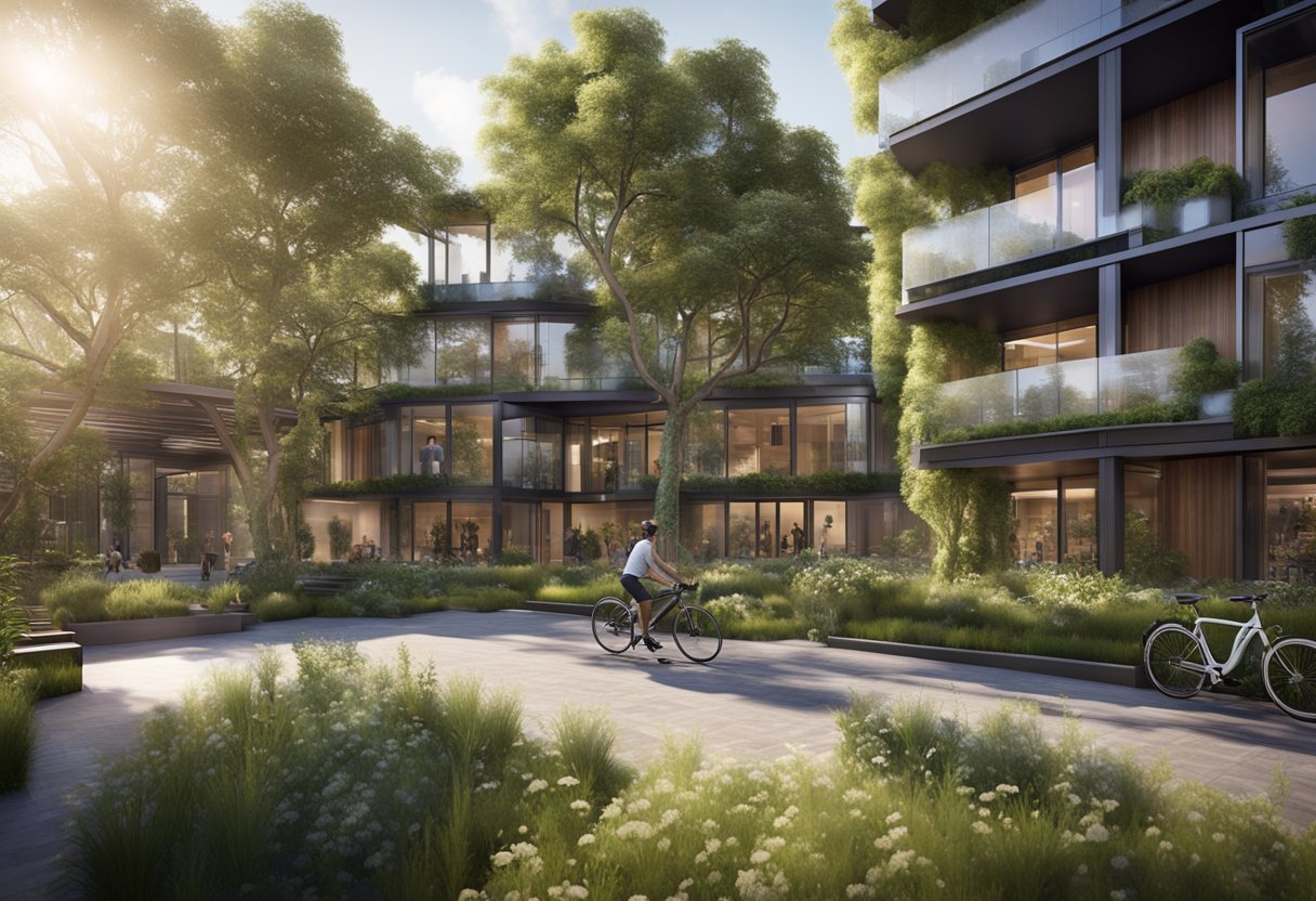 A modern, eco-friendly building with solar panels, green roofs, and efficient water systems, surrounded by lush landscaping and bike racks