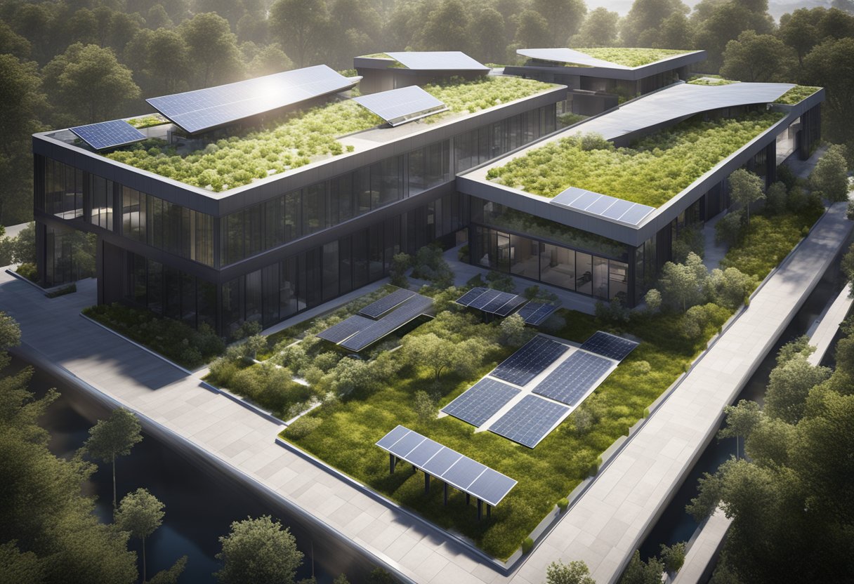 A modern, sustainable building with solar panels, green roofs, and efficient water systems