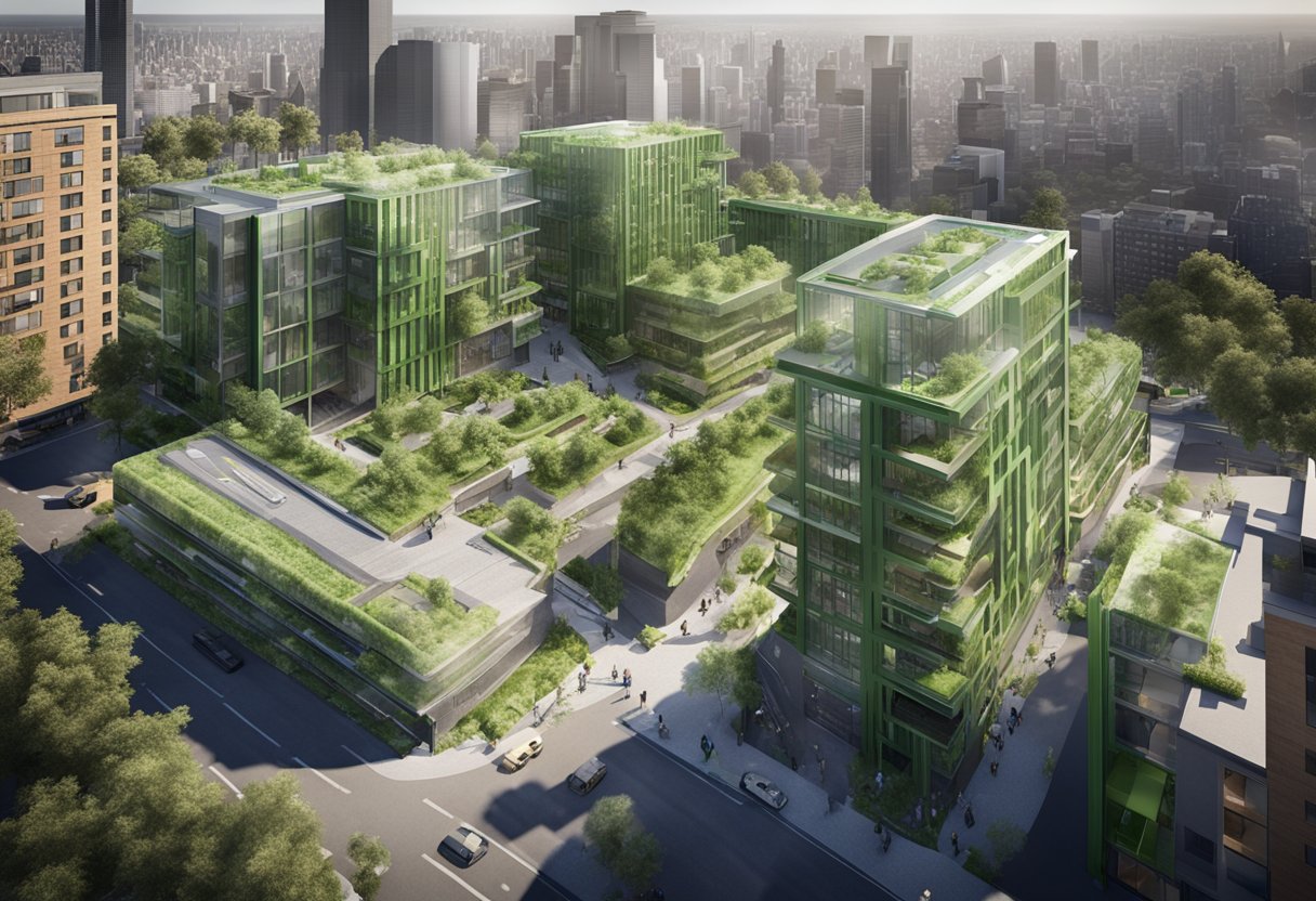 A construction site with green building materials and sustainable practices, surrounded by a bustling cityscape