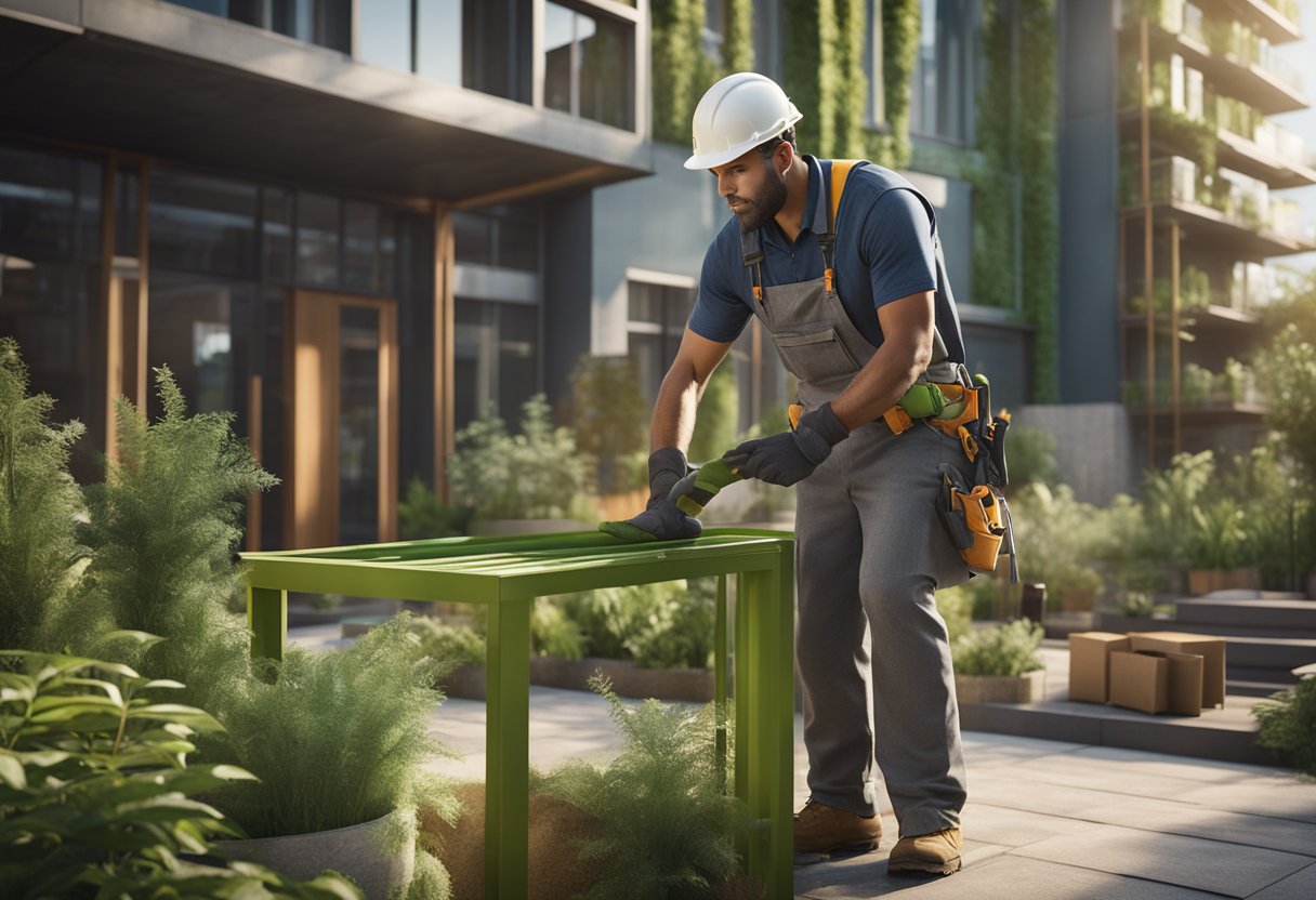 A construction worker using sustainable materials and methods, surrounded by green building materials and equipment