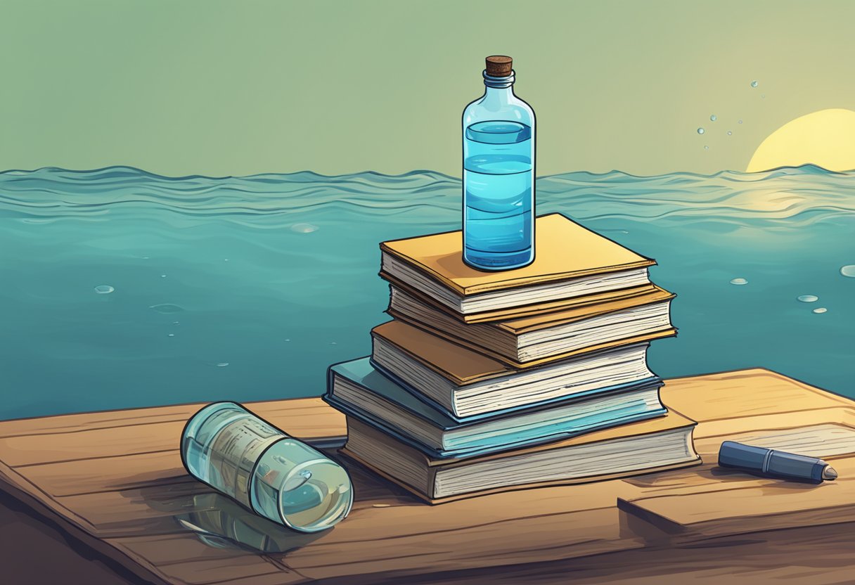 A stack of books on water history with a bottle of water next to them