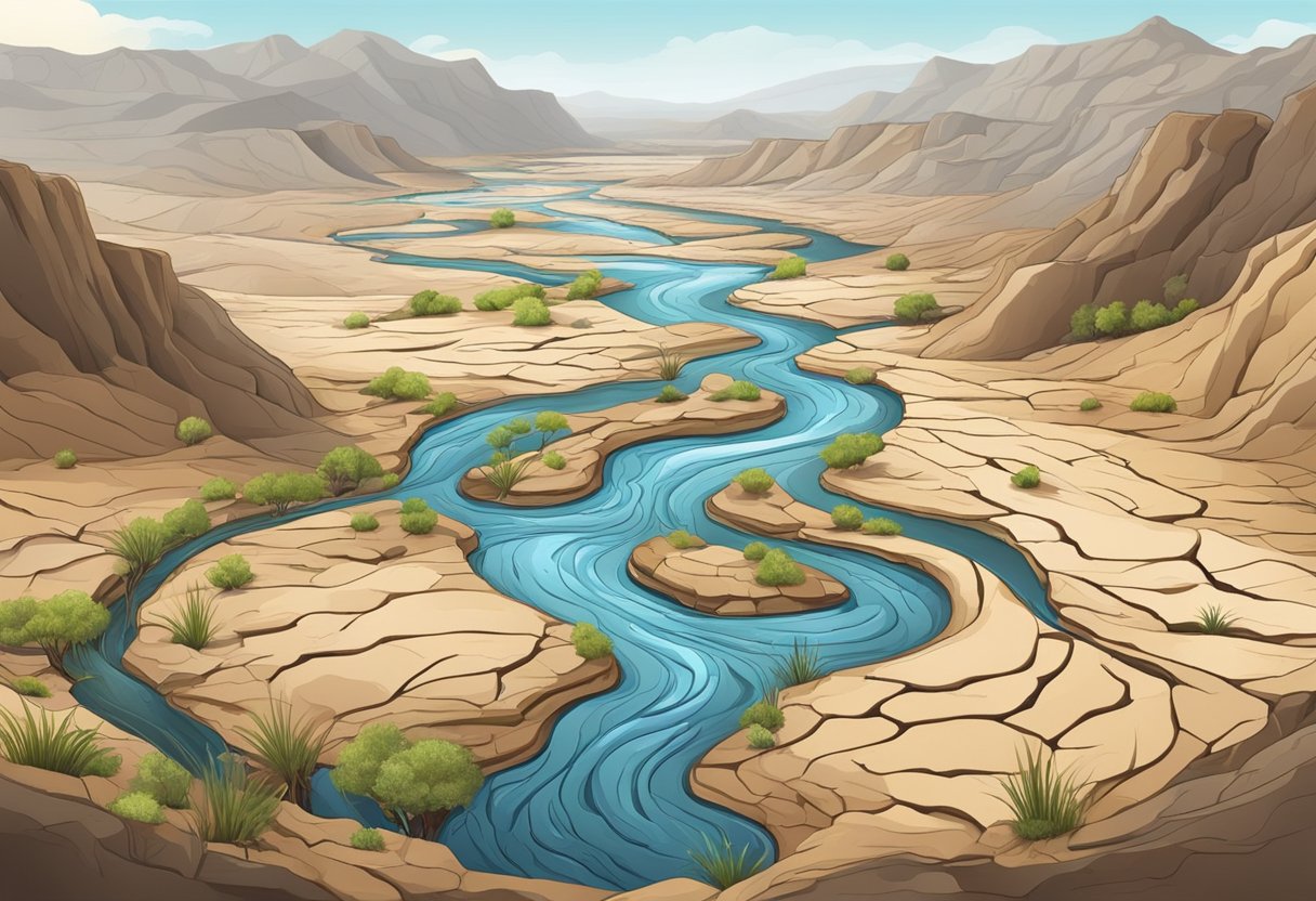 A flowing river winding through parched land, surrounded by dry, cracked earth and withering plants