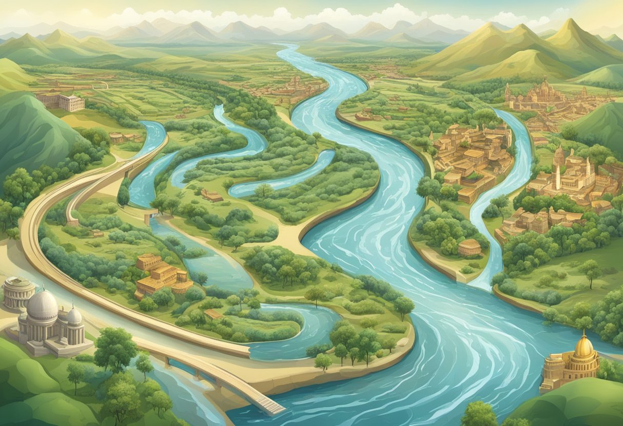 A river flowing through various landscapes, from ancient civilizations to modern cities, showcasing the evolution of water management