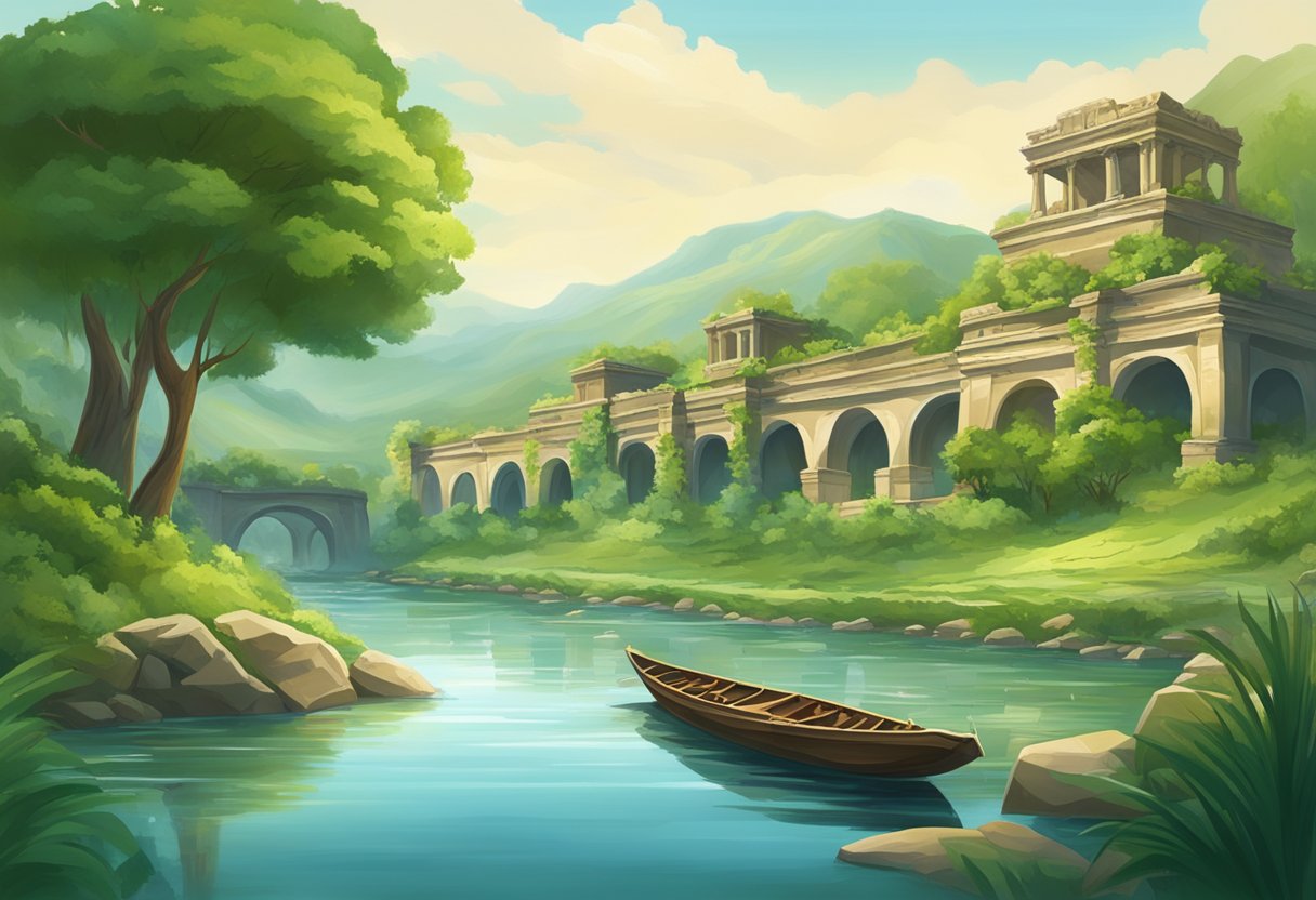 A serene river flowing through a lush, green landscape, surrounded by ancient ruins and traditional architecture, evoking the cultural significance of water