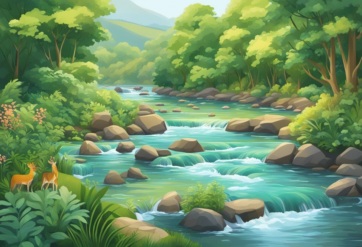 A flowing river surrounded by lush greenery, with a diverse range of wildlife drinking from the water