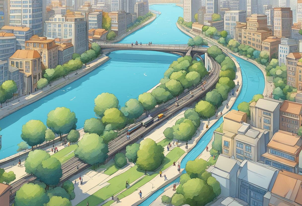 A serene river flowing through a bustling city, with people and buildings in the background