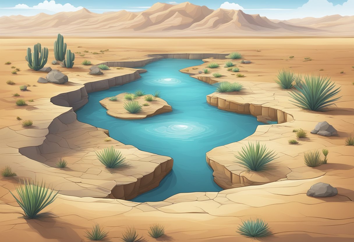 A desert oasis surrounded by dry, cracked earth with a single remaining water source