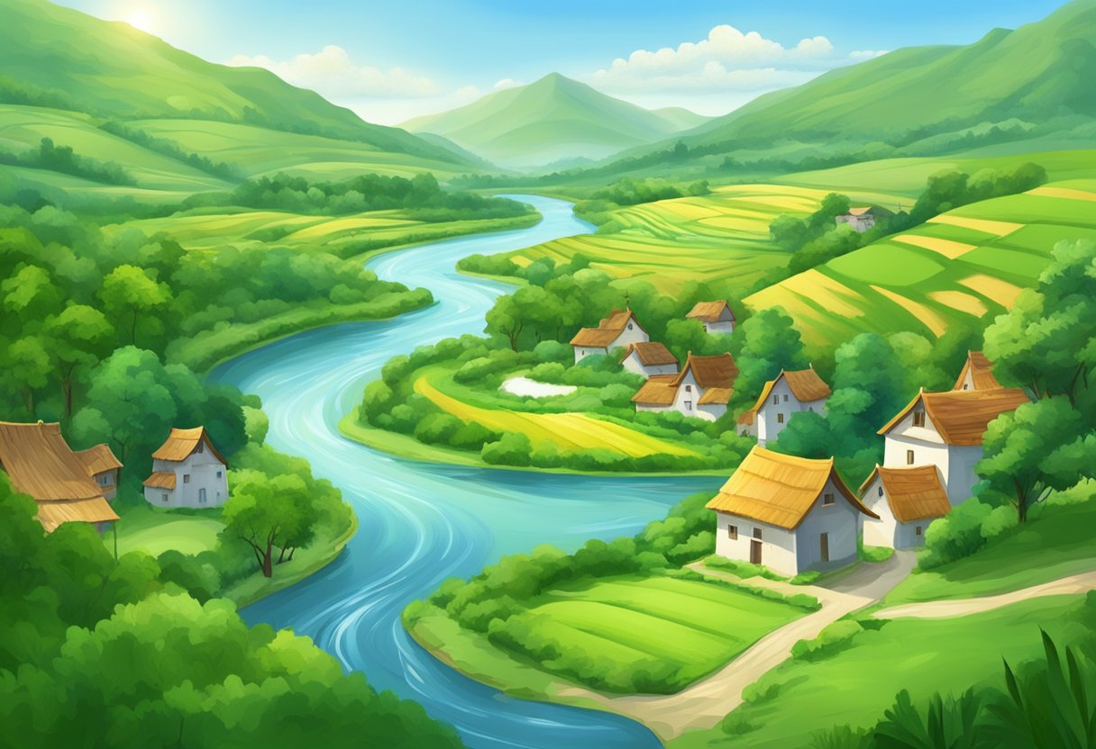 A serene river flowing through a lush, green landscape with a small village in the background