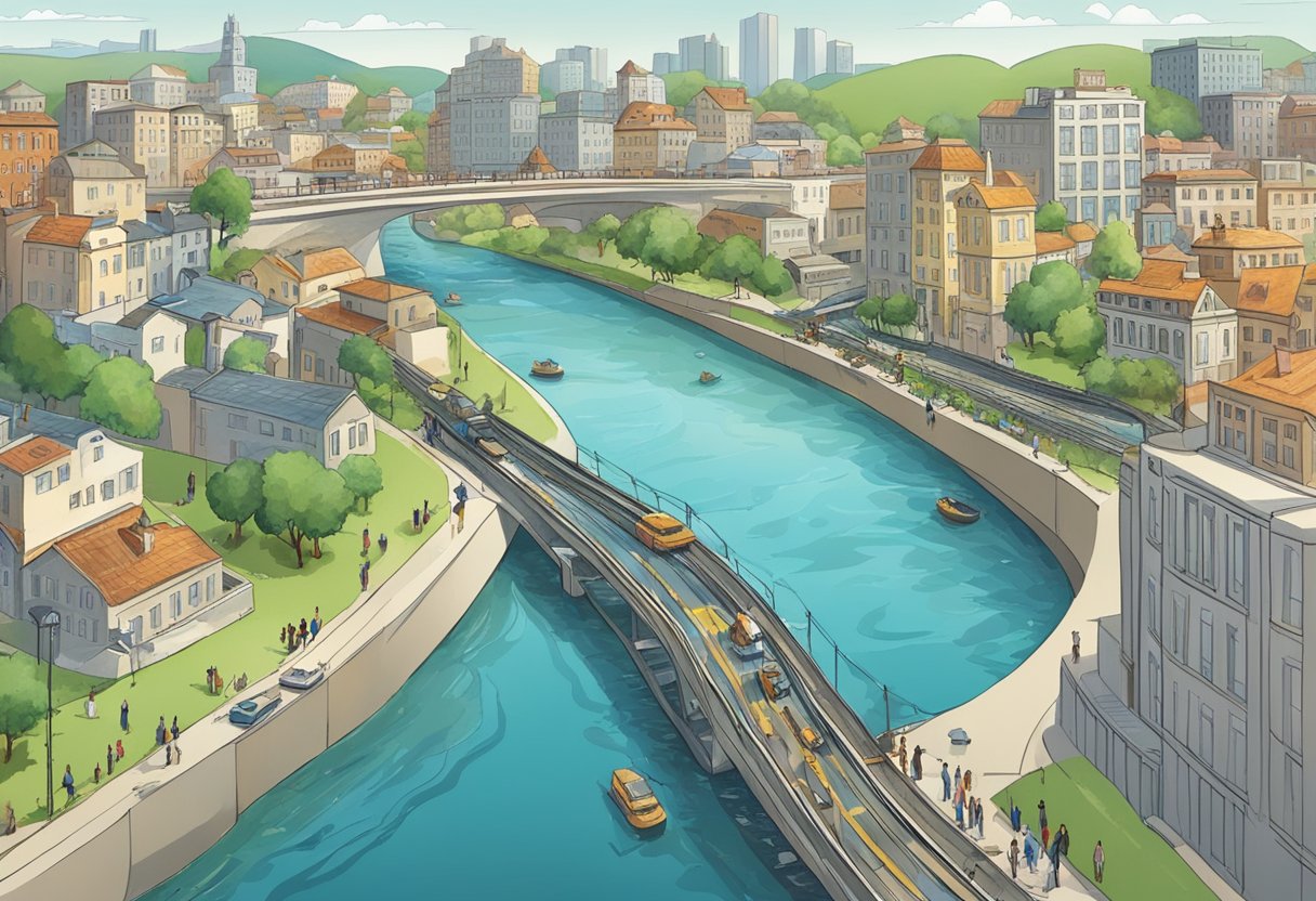 A flowing river cuts through a bustling city, with bridges and buildings lining its banks. People gather to collect water, while others work to maintain the infrastructure