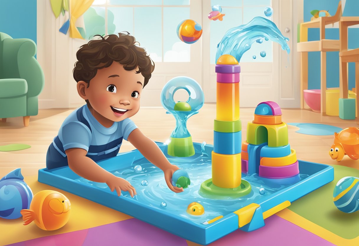 A child playing with water-themed educational toys in a colorful, interactive setting