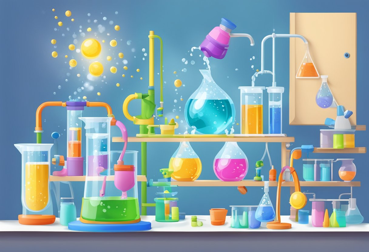 A colorful water lab with beakers, tubes, and splashing water, surrounded by educational toys about water