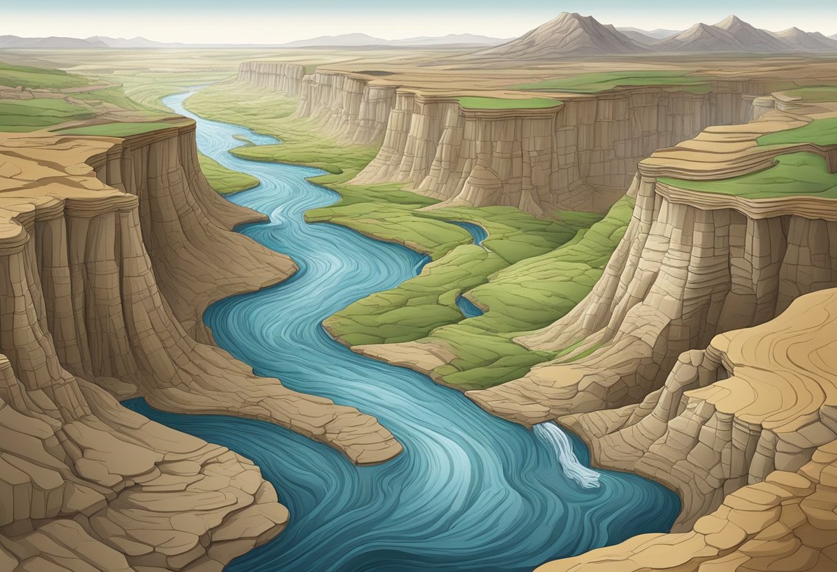 A river flowing through a landscape, eroding and shaping the land, with various geological formations depicting the effects of water erosion and decay