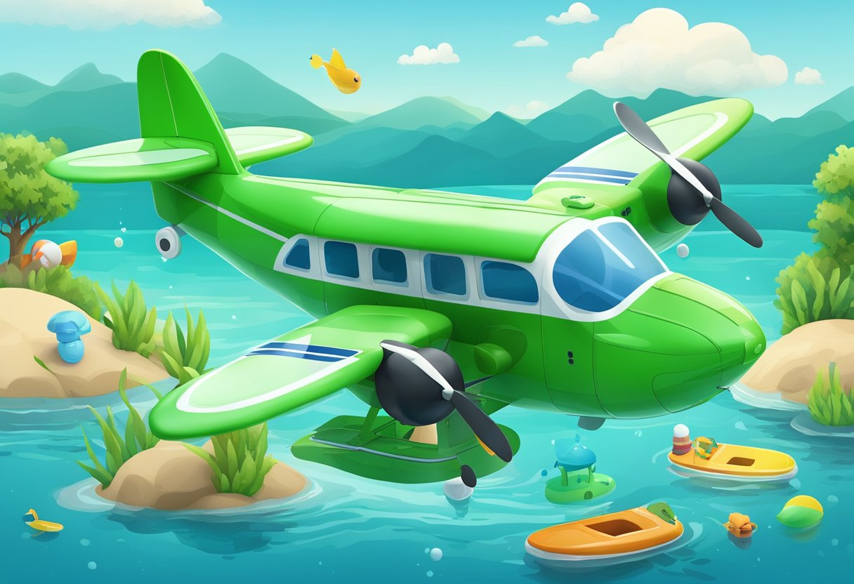 A vibrant green seaplane floats on calm, blue water with educational toys scattered around, showcasing the importance of water play for kids