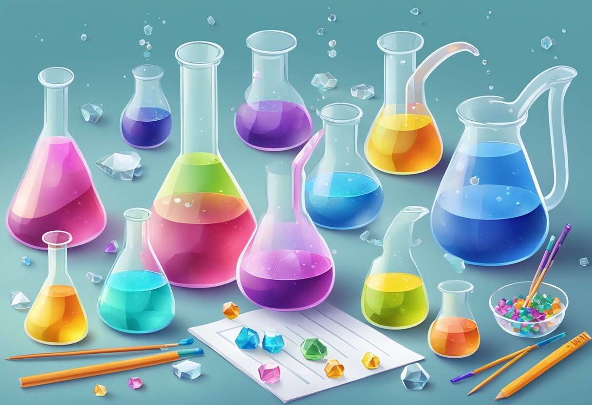 A colorful lab setup with beakers, crystals, and educational materials on water