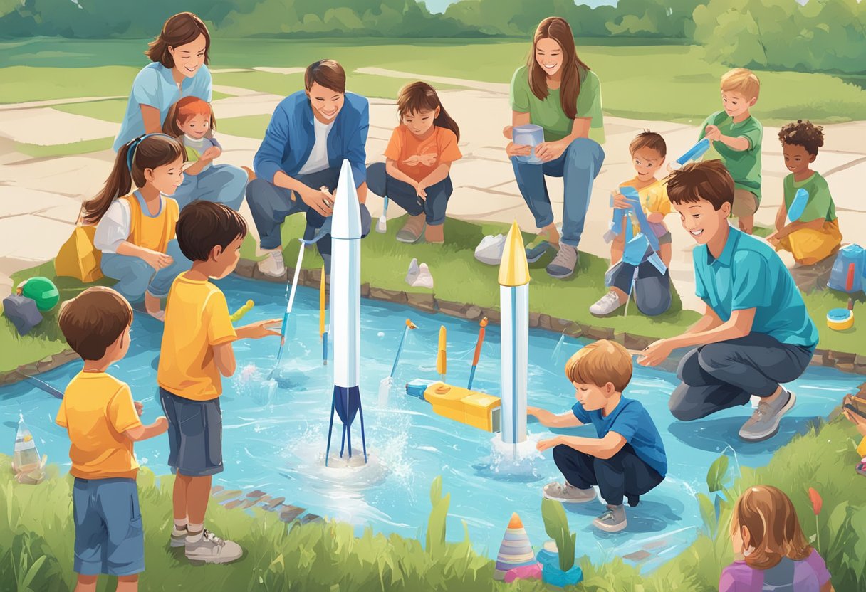 A group of children launch a 4M Water Rocket Kit, while adults supervise, surrounded by educational toys about water