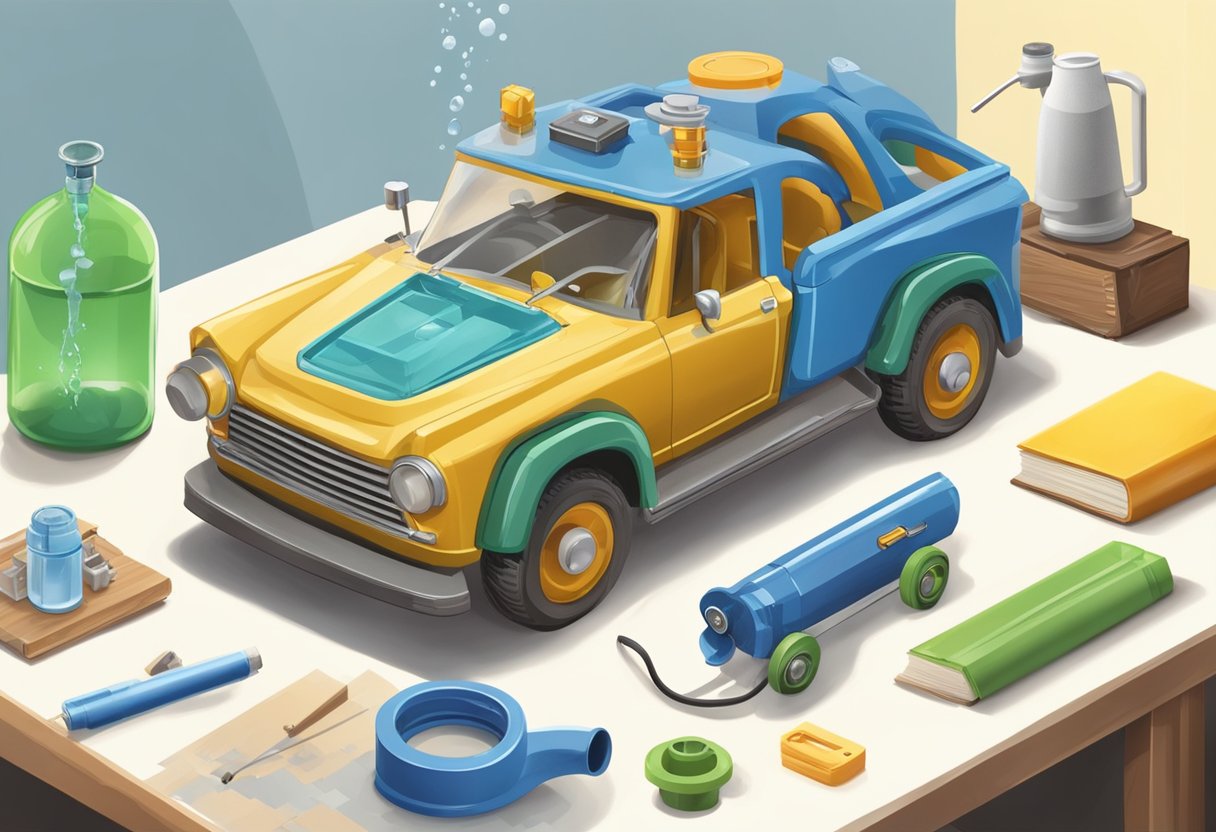 A toy car sits on a table, connected to a small water pump and surrounded by various educational materials about water and energy