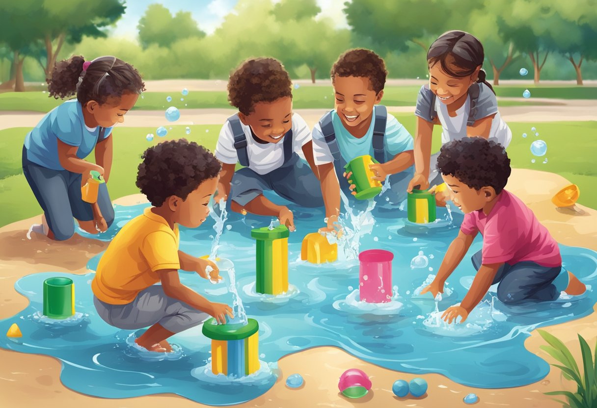 A group of children playing with various water-themed educational toys in a classroom or outdoor setting