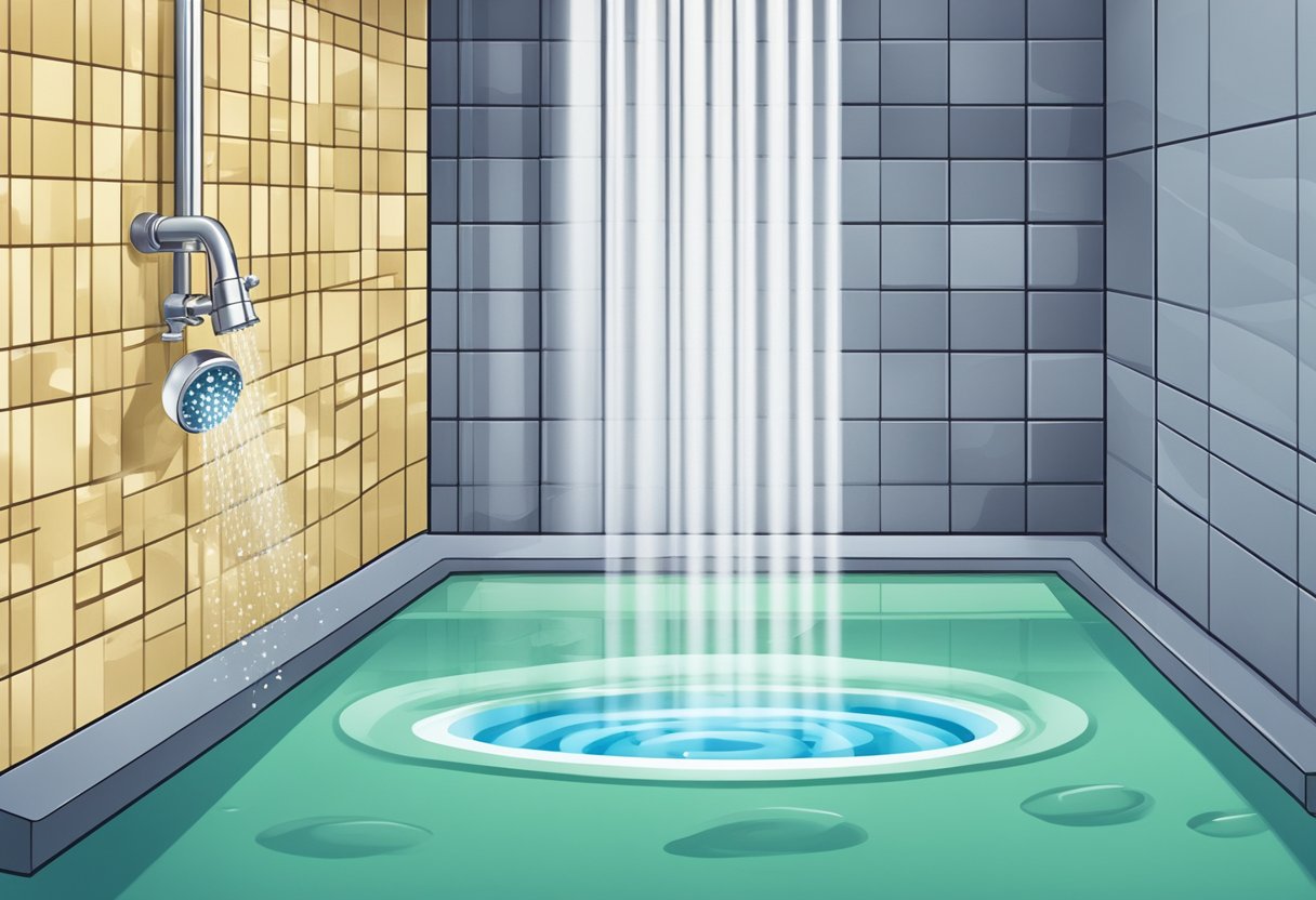 A modern bathroom with a low-flow shower head, water flowing from the faucet, and a money-saving symbol in the background