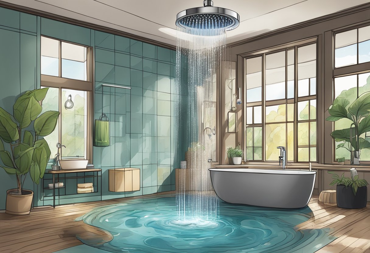 Water cascading from a modern, low-flow showerhead, surrounded by Earth-themed decor