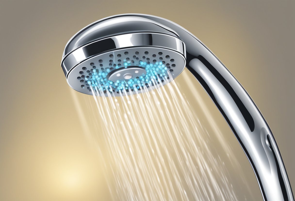 A modern shower head releasing a gentle, wide spray of water, with droplets glistening in the light