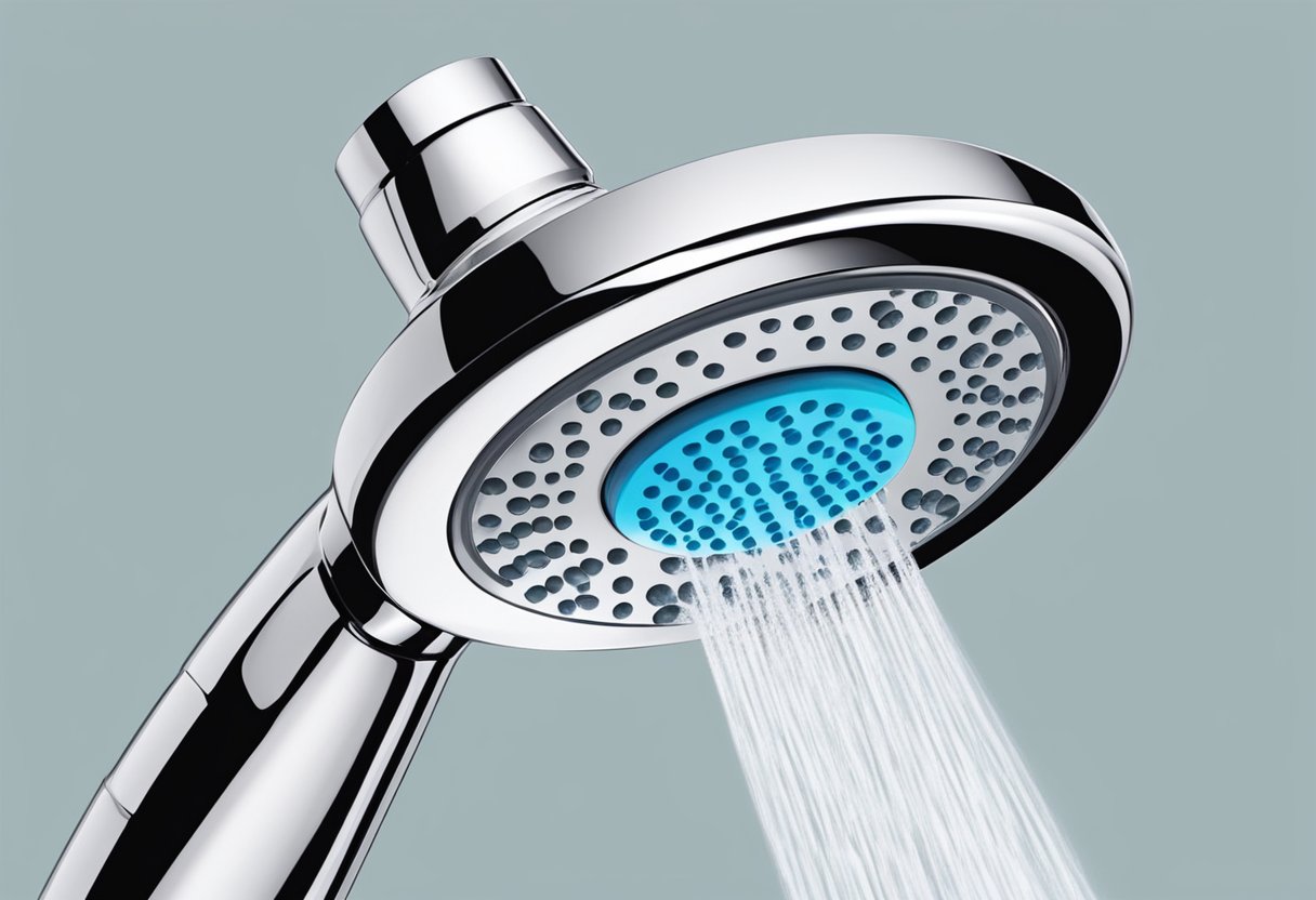 A chrome low-flow shower head with a 3.25" face spraying water in a high-pressure aquadance pattern