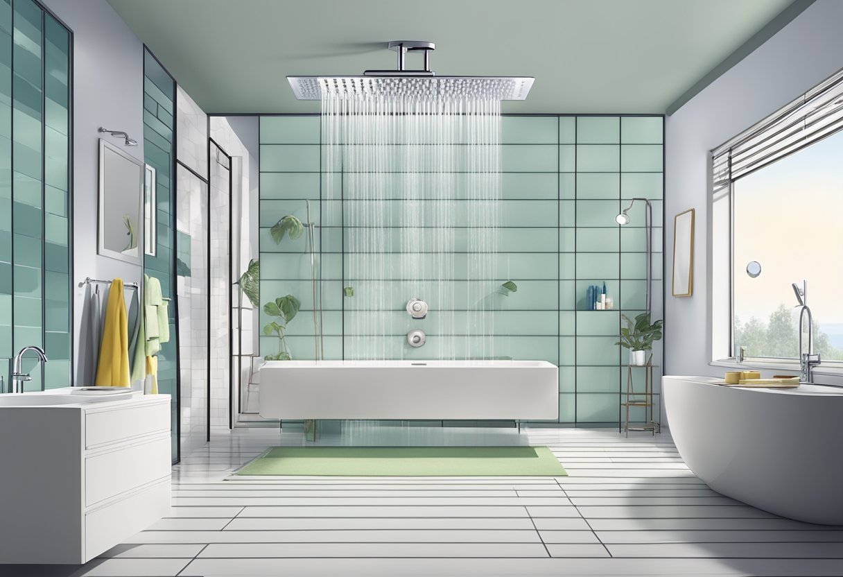 A modern bathroom with a sleek Kohler 2.0 GPM Converge Rainhead shower head, surrounded by 10 other low-flow shower heads, emphasizing water and money savings