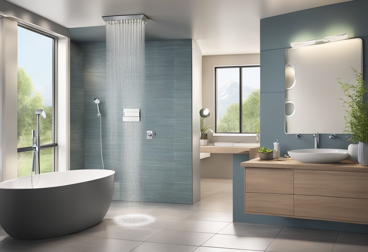 A modern bathroom with a sleek, chrome Moen Magnetix shower head mounted on the wall, water flowing from the nozzles in a gentle, efficient stream