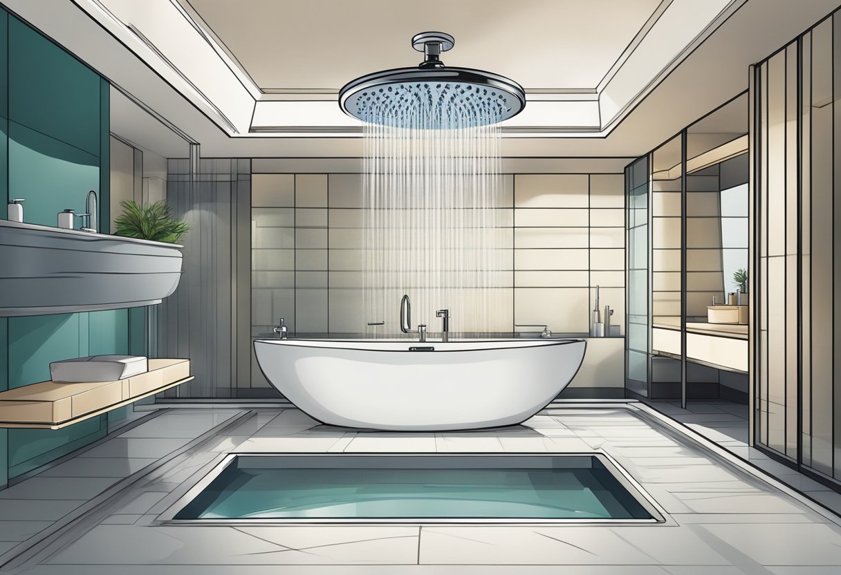 A luxurious shower head with water flowing out in a gentle, low-flow stream, surrounded by a modern, elegant bathroom setting