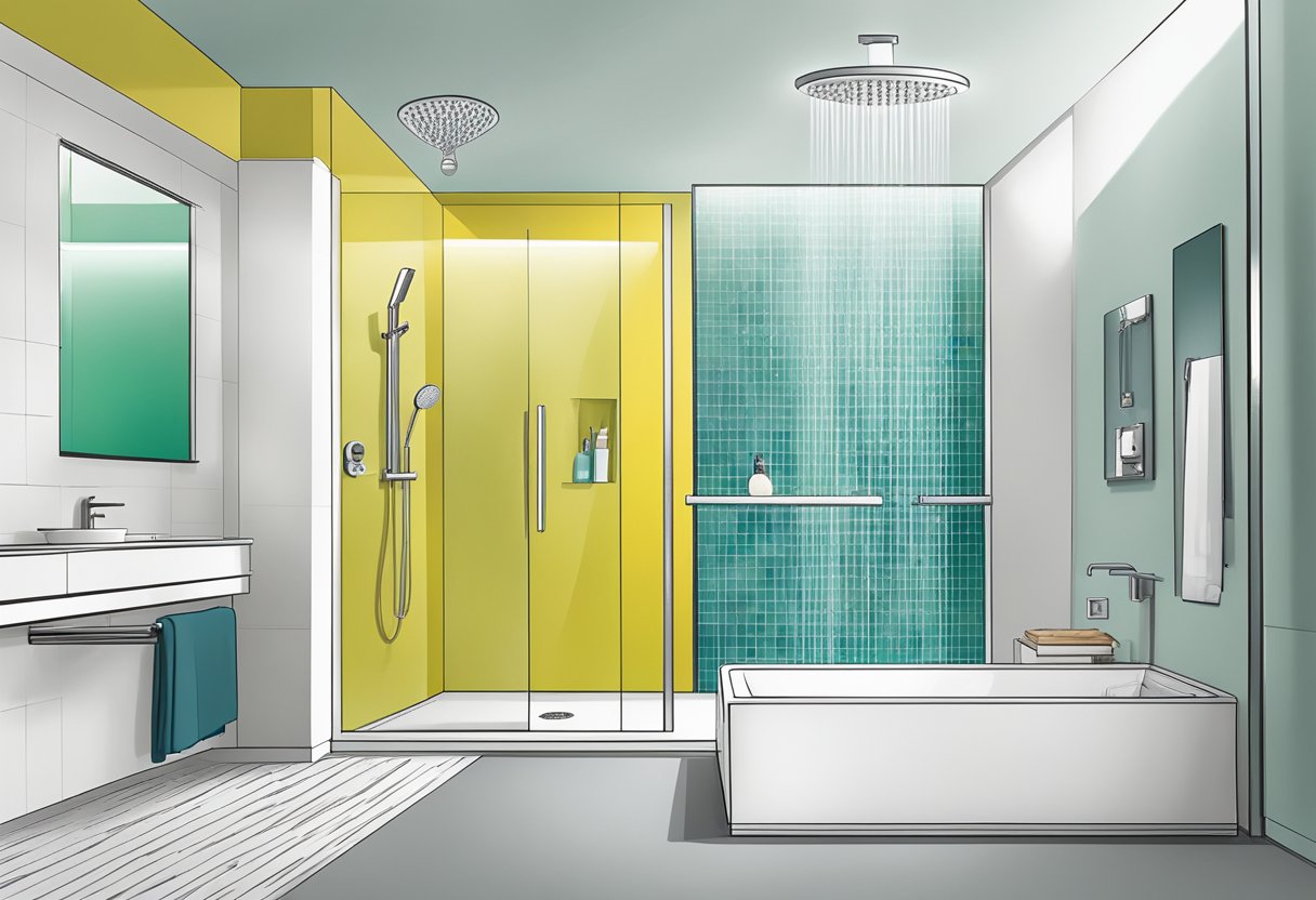 A modern bathroom with a sleek, chrome Hansgrohe EcoSmart RainDance 11 shower head, water flowing from it, and a money-saving and eco-friendly vibe