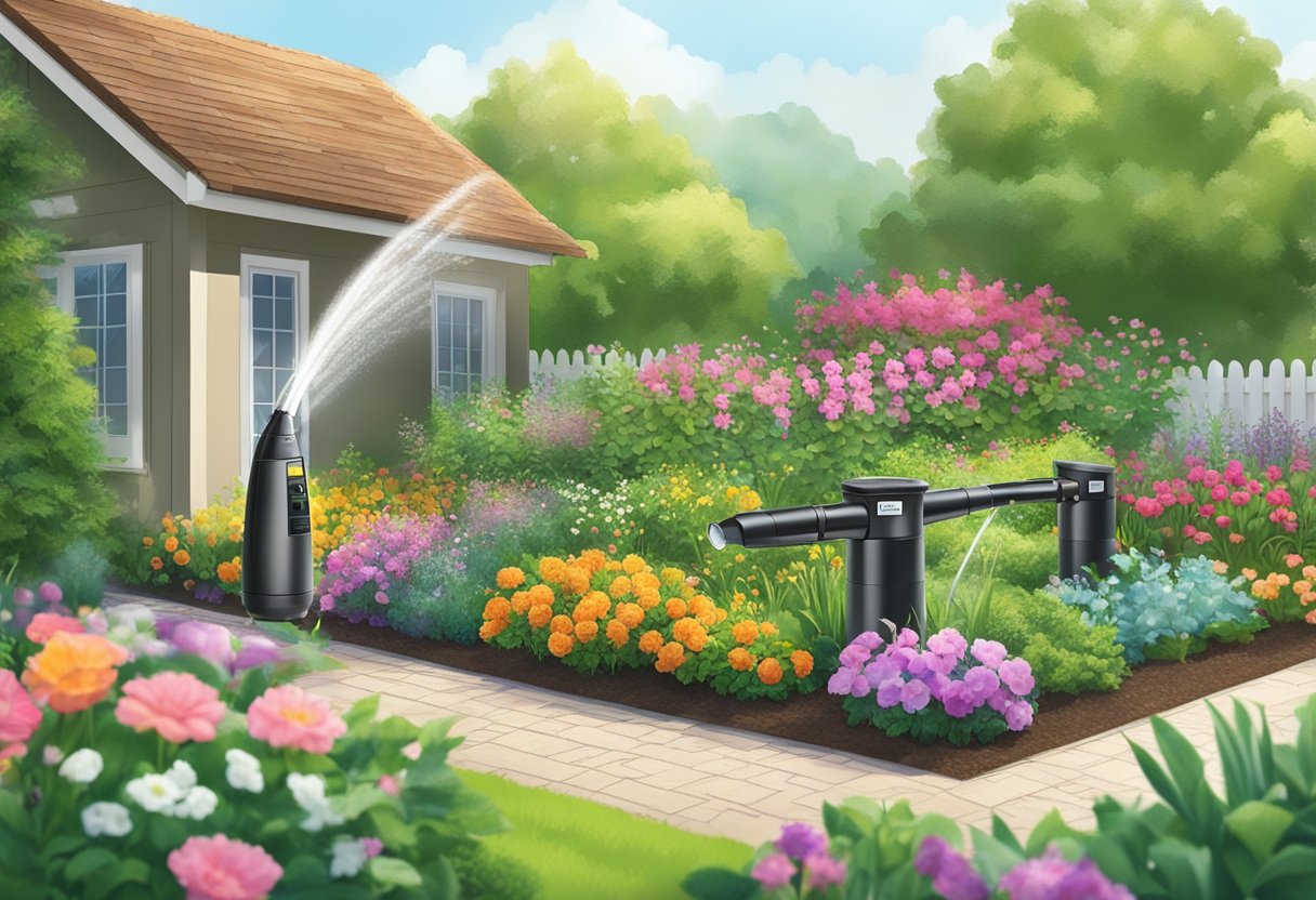 A lush garden with RainMachine Pro-8 and four other smart irrigation systems in a row, surrounded by blooming flowers and thriving plants