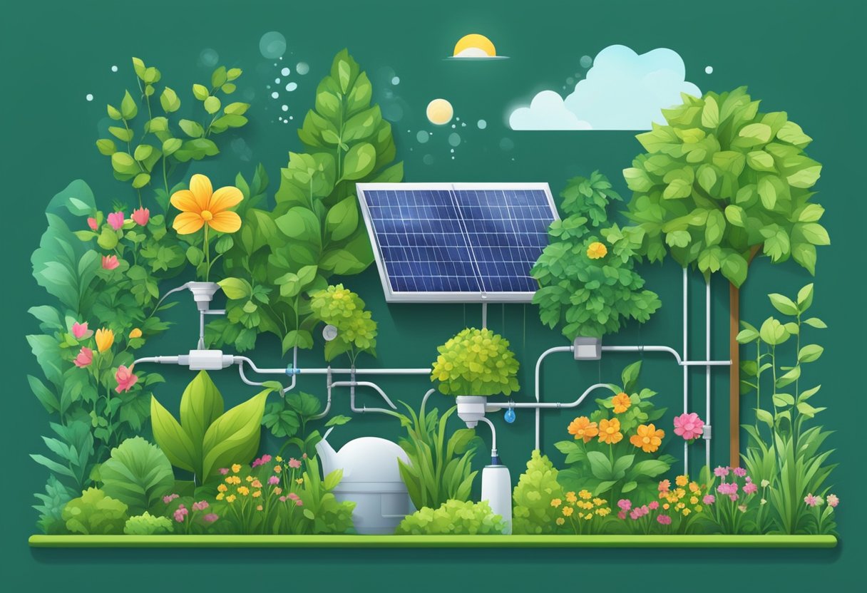 A lush garden with various plants and flowers, connected to a smart irrigation system. Sensors and timers control water flow, conserving resources