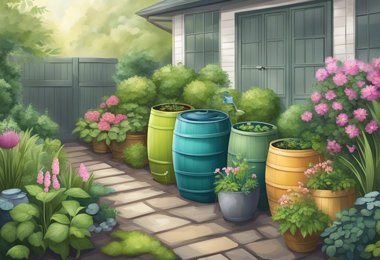 A lush garden with five rain barrels of varying sizes and designs nestled among plants, collecting water from a gentle rain