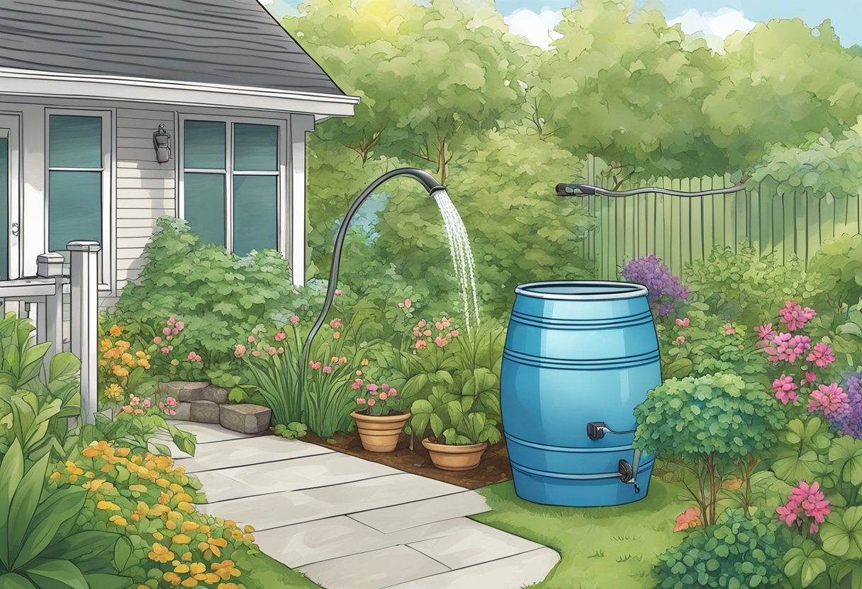 A lush garden with a modern rain barrel collecting water from a downspout. Surrounding plants and trees indicate an eco-friendly setting