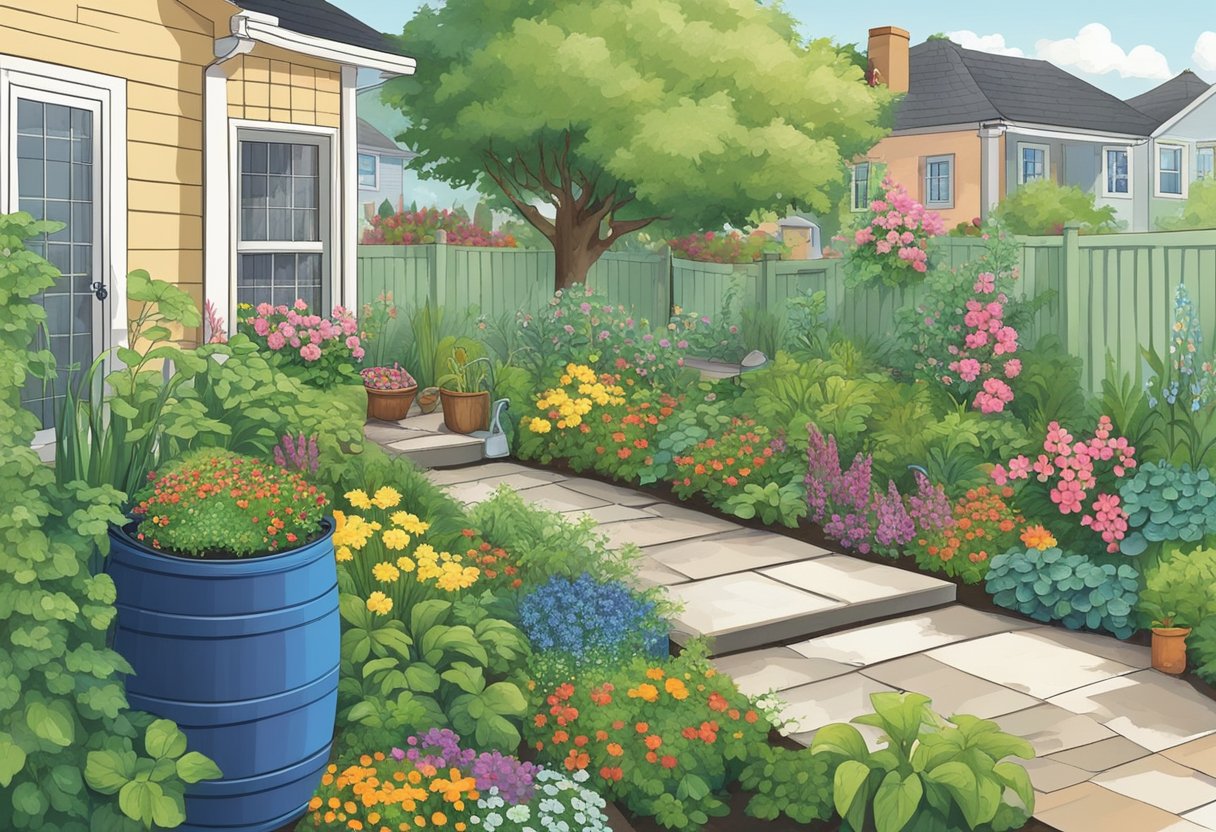 A lush garden with a variety of plants and flowers, surrounded by a few strategically placed rain barrels collecting water from the downspouts of a house