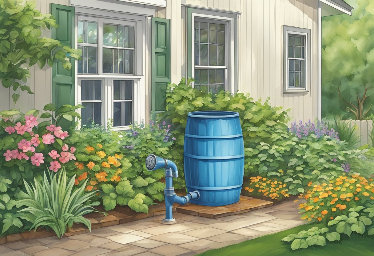 A rain barrel sits beneath a downspout, surrounded by lush green plants. Water flows from the spout into the barrel, which is equipped with a filter and overflow valve