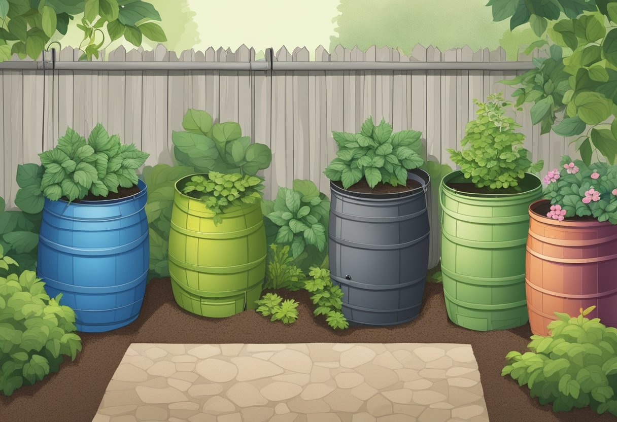 Five rain barrels arranged in a garden, connected to downspouts. Lush greenery surrounds them, and a small hose is coiled nearby