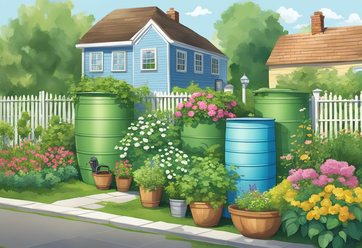 A lush garden with five different rain barrels, each showcasing eco-friendly features, surrounded by greenery and a clear blue sky