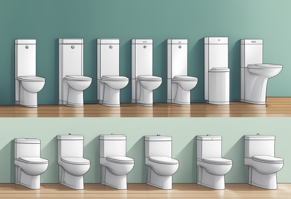 A modern bathroom with 7 different dual-flush toilets displayed in a row, showcasing their water efficiency and sleek designs