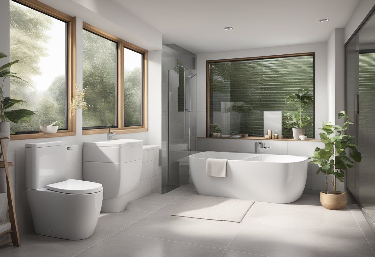 A modern bathroom with a sleek, white WoodBridge T-0019 dual-flush toilet, surrounded by clean, minimalist decor and natural light