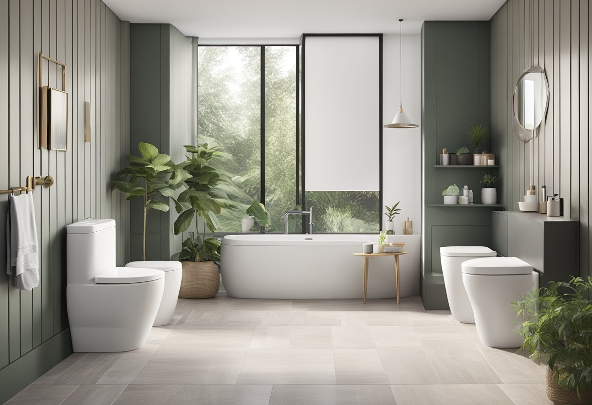 A modern bathroom with Swiss Madison St. Tropez dual-flush toilets in a row, showcasing water efficiency and sleek design