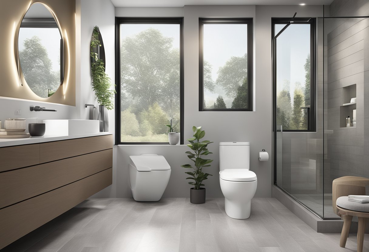 A modern bathroom with a sleek, white dual-flush toilet from Niagara Stealth 7. The toilet is surrounded by clean, minimalist decor and features water-efficient design