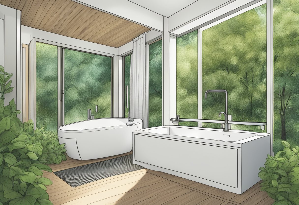 A serene forest clearing with a modern, self-contained dual-flush toilet nestled among lush greenery, showcasing water efficiency