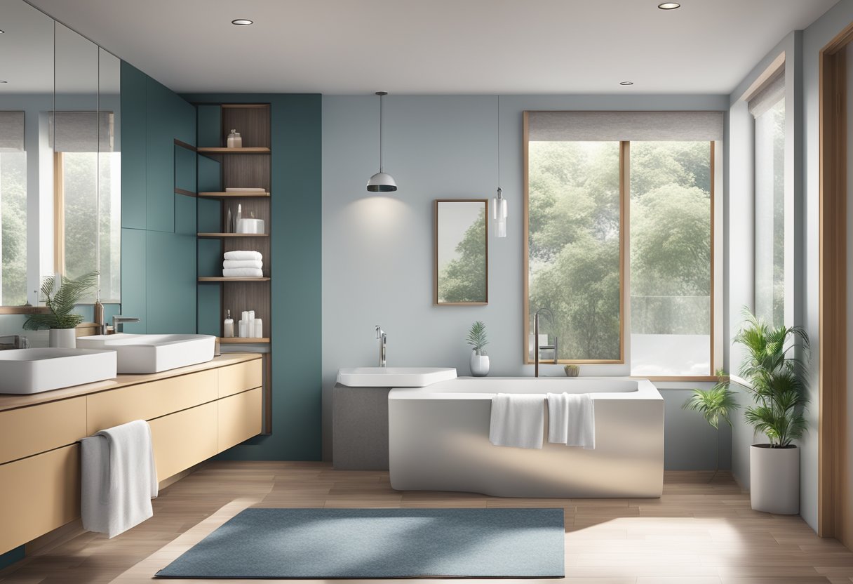 A modern bathroom with a dual-flush toilet, sleek and efficient design, water-saving technology, and a contemporary feel