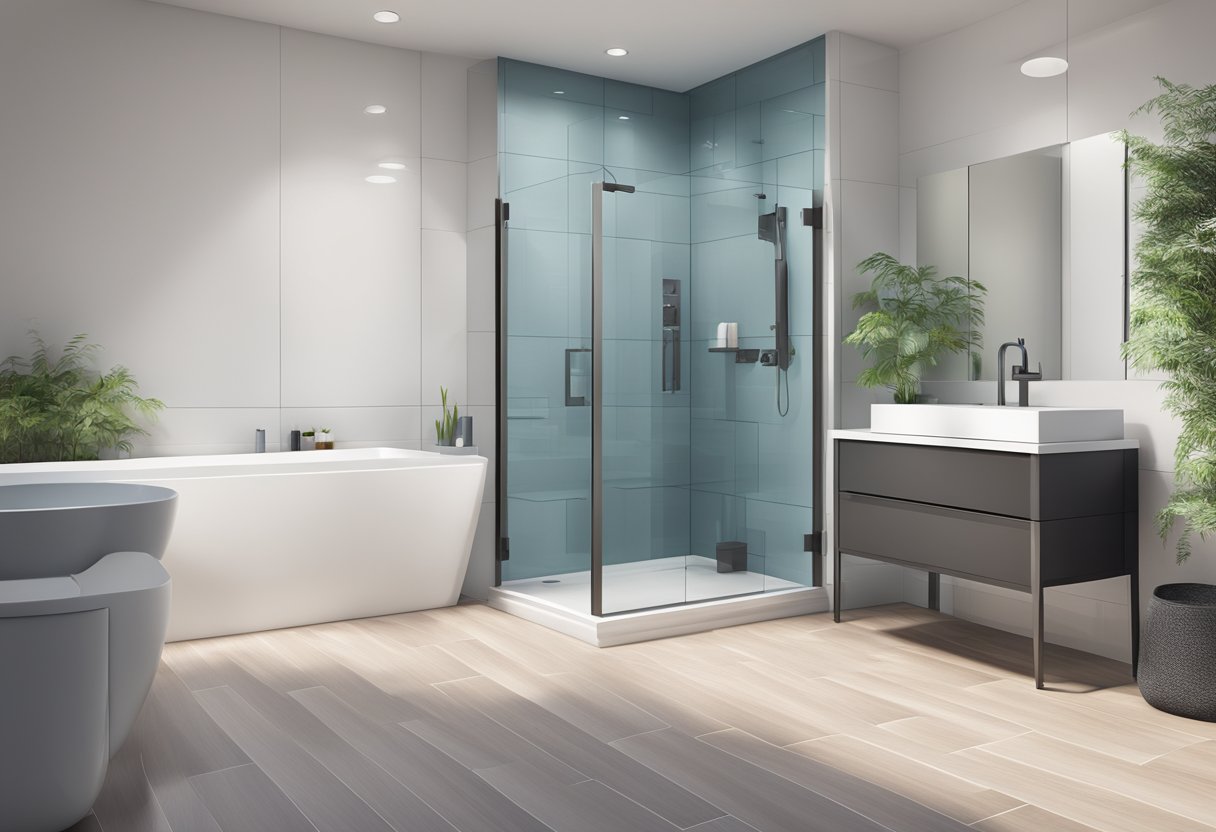 A modern bathroom with a dual-flush toilet, showcasing its water efficiency and sleek design