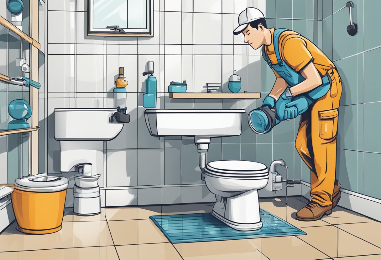 A plumber installing a dual-flush toilet in a modern bathroom, surrounded by tools and plumbing fixtures