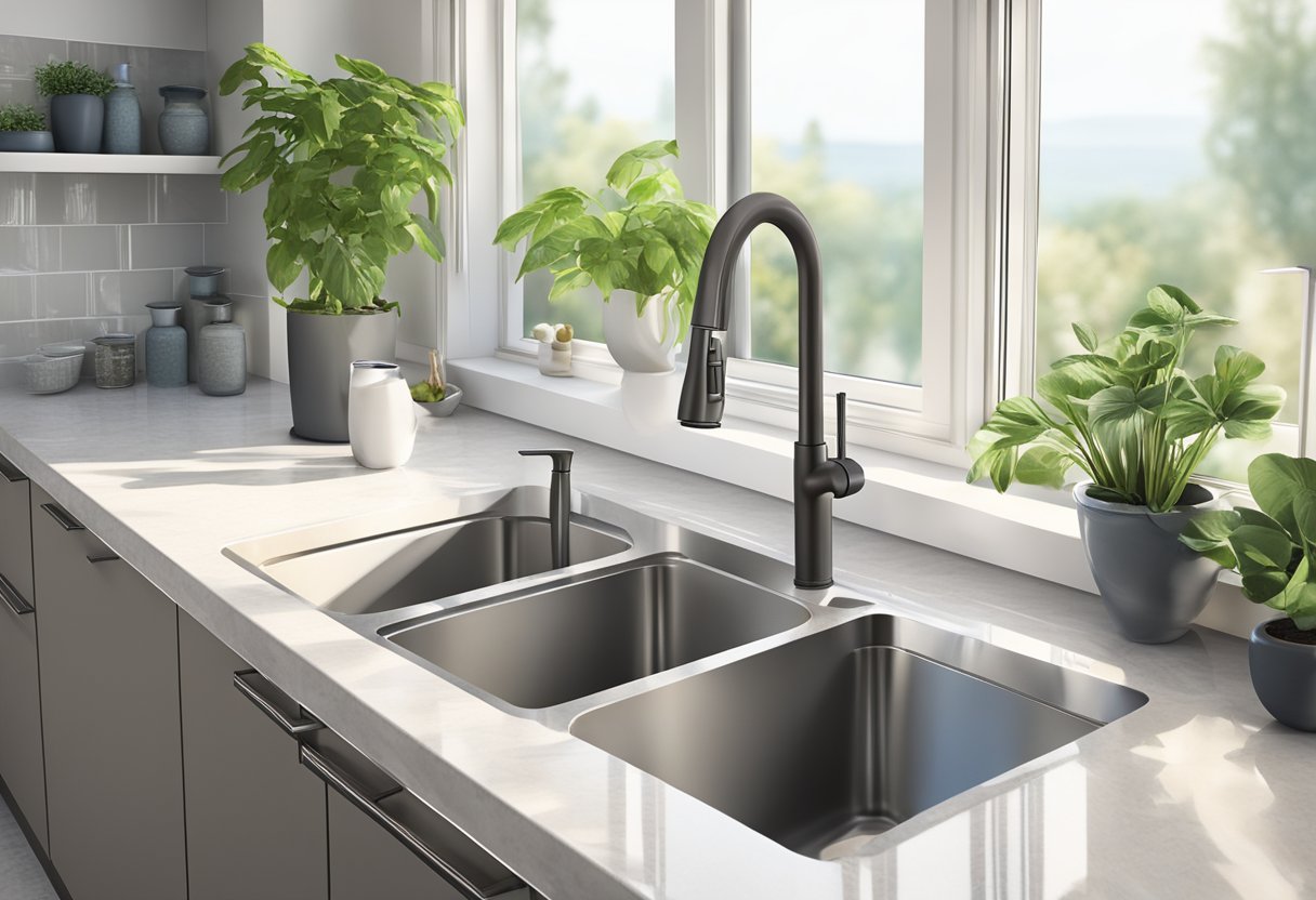 A modern kitchen with five sleek, water-saving faucets installed on a granite countertop, surrounded by potted plants and a window with natural light streaming in