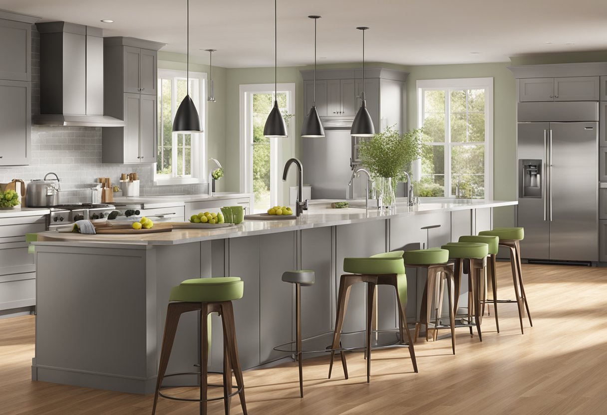 A modern kitchen with a Moen Arbor 7594E faucet installed, surrounded by four other water-saving faucets in a home setting